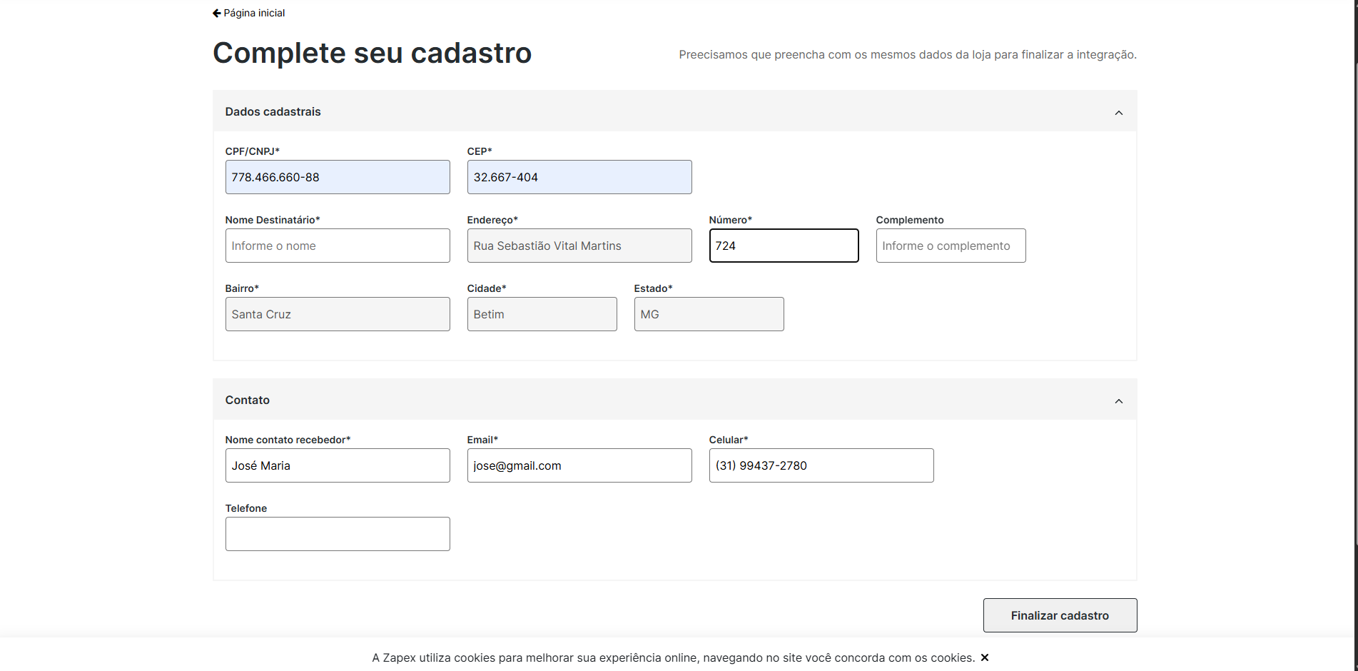 Formulário de cadastro de parceiro